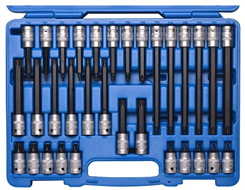 SW-Stahl 04423L 32-tlg. Set Schraubendrehereinsatz 1/2 Zoll für Torx | T-Profil Bit-Satz T20-T70 - 55-200 mm Länge - Chrom-Vanadium-Stahl - Robuster Steckschlüssel-Einsatz in Box