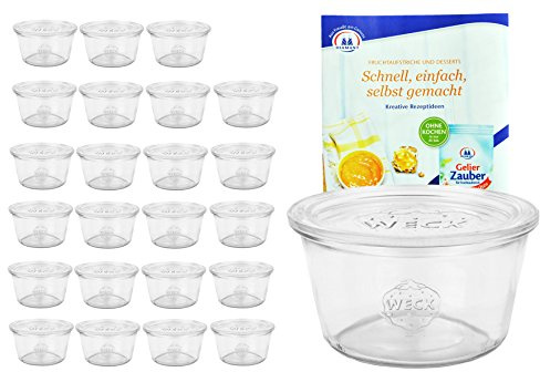 MamboCat 24er Set Weck Gläser 370ml 1/4 Liter Sturzgläser mit 24 Glasdeckeln inkl. Gelierzauber Rezeptheft von Diamantzucker I Original Weck Sturzglas I Einweckgläser mit Deckel für Kuchen Gelees