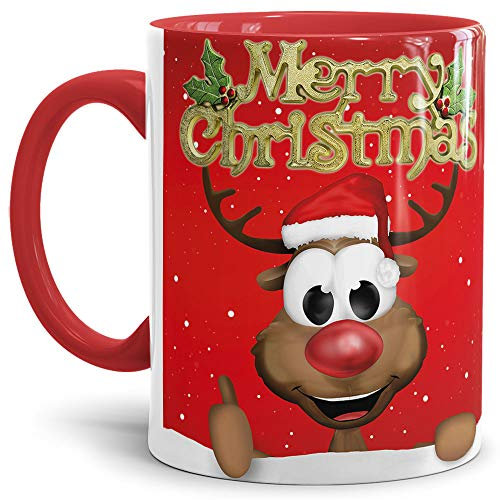 Tassendruck Weihnachtstasse Merry Christmas/Farbtasse Innen und Henkel Rot mit Rentier - Qualität Made in Germany