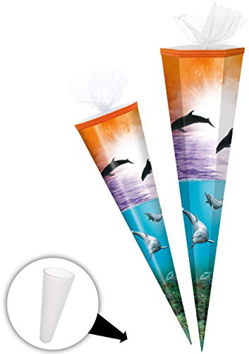 alles-meine.de GmbH Schultüte - Delfine - Unterwasser Fische - 70 cm - rund - Tüllabschluß - Zuckertüte - mit/ohne Kunststoff Spitze - Markneukirchen - Mädchen Jungen - Fisch D..