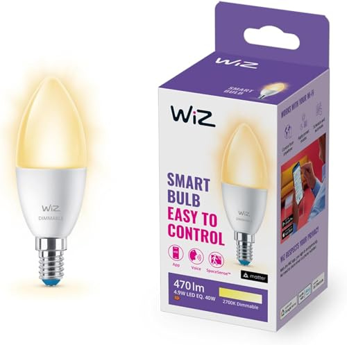 WiZ Lampadina Candela Smart LED WiFi, Luce Bianca Calda, E14, 40W, Tecnologia SpaceSense, Controllo Vocale (Alexa, Apple HomeKit, Google Home)