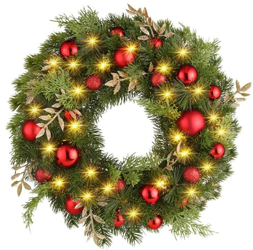 GlobaLink Weihnachtskranz 40CM, Türkranz Weihnachten mit 40 LEDs Timer Batteriebetriebe Künstlicher Kranz mit rotfarbener Weihnachtskugeln Weihnachtsdeko für Feste Advent Türe