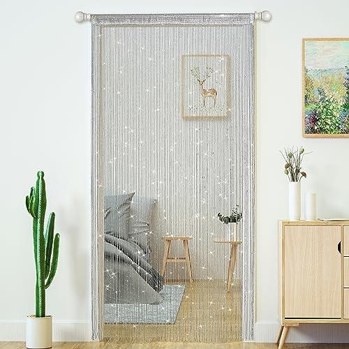 Transcosy Fadenvorhänge für Türen, glitzernde Perlenvorhänge, Tür, glitzernde Perlen, Vorhang, offener Schrank, Wäsche, zum Aufhängen, Hippie-Glitzer-Perlen, Fenster, Mädchen, Silber, 99 x 200 cm
