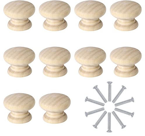HOTKMB Wooden Knobs Natural Door Drawer Knob with Mounting Screws Hardware Single Hole for Furniture Wardrobe Cupboard Pull Handle Decoration 10 Pieces 34×26mm