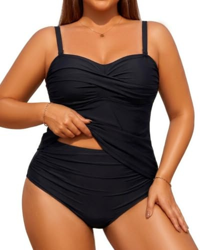 Aqua Eve Women Two Piece Plus Size Tankini Tummy Control Bathing Suits Bandeau Swimsuits with High Waisted Bottom, Black, 22 Plus
