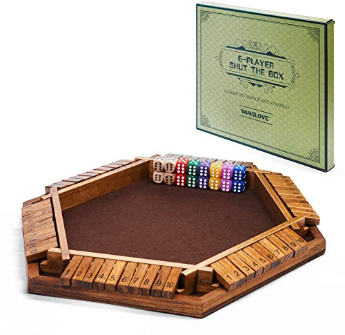 Vamslove Shut The Box Dice Game Wooden Board (L15 x W13) for 1 2 3 4 5 6 Player, 6 Sided 10 Numbers Math Games with 16 Dices for Kids Adults(Instructions Included)