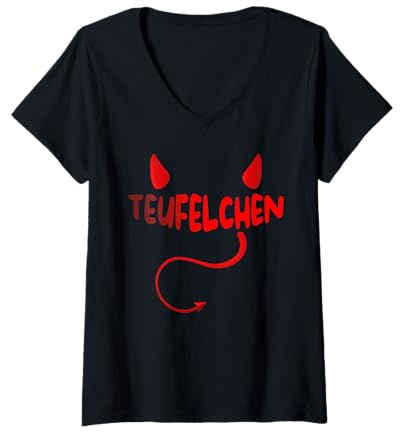 Damen Teufelchen Kostüm Halloween Karneval Konfetti Teufel T-Shirt mit V-Ausschnitt