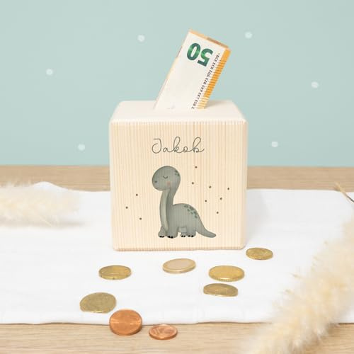 Spardose Personalisiert mit Namen aus Holz - 10x10cm Holzspardose - Geschenk zur Geburt, Geburtstag, Einschulung, Taufe - Sparschwein Aquarell Motiv für Jungen & Mädchen hellomini (Dino)