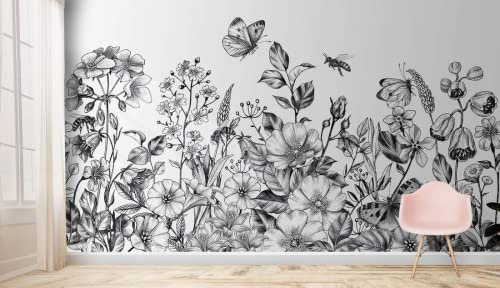 Papier Peint Panoramique Fleurs En Noir Et Blanc Style Croquis Papier Peint Intissé 3D Tapisserie Poster Decoration Murale Chambre Salon