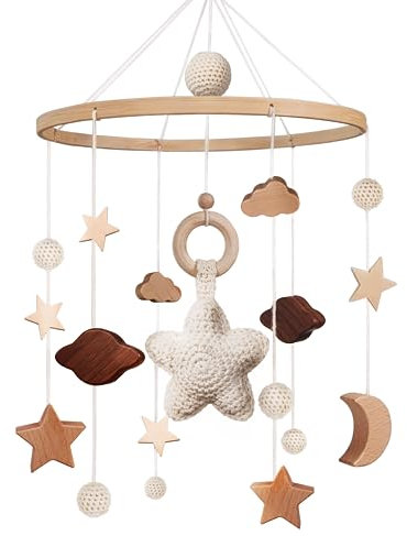 Mobile Baby - Mobile babybett Baby Spielzeug mit Häkeln Stern Mond Wolken Baby Mobile für bett | Holz Mobile Baby Windspiel Geschenk für mädchen oder Jungen