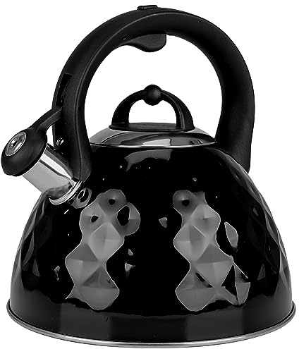 KARL HAUSMANN Bouilloire Inox 2.5 L Induction Gaz, Noir Brillant | Theiere inox 2.5 L pour induction, gaz et vitrocéramique, couvercle amovible, poignée en plastique