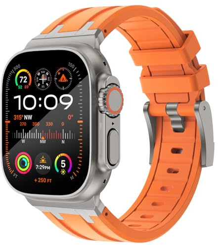KADES 49mm 46mm 45mm 44mm 42mm(series 3) Compatible with Apple Watch Strap,Men Luxury Liquid Silicone Rubber Band for iWatch Ultra 2/Ultra/SE/Series 10 9 8 7 6 5 4 3 2 1,Titanium/Orange