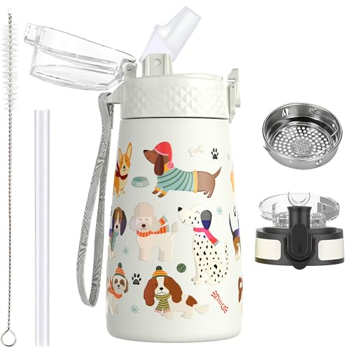 OLDLEY 350ml Kinder Edelstahl Wasserflasche mit Stroh für Schule mit 2 verschiedenen Deckeln, Metall Vakuum Isolierte Wasserflaschen für Jungen Mädchen Kleinkind Kinder Heiße kalte Getränke BPA frei