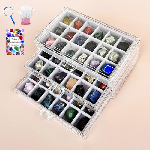 HEMYLU Kristall-Präsentationsbox für Kinder, Acryl-Edelstein-Organizer mit 3 Schubladen und 54 Fächern, Vitrine für Edelstein-Enthusiasten
