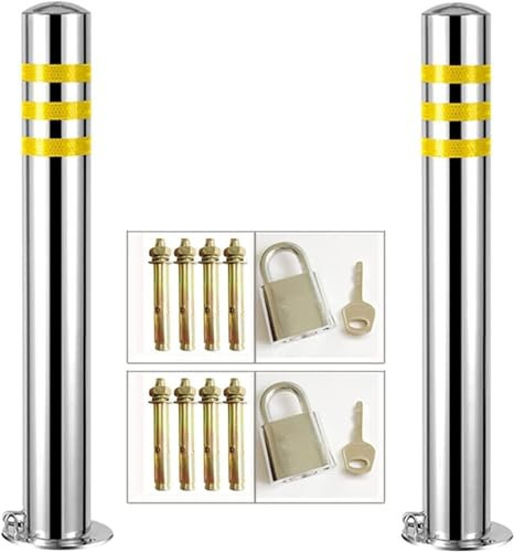 ELzEy Parkplatzsperre Abschließbarer Sicherheitspoller aus Edelstahl, 2er-Pack, Warnpfosten mit Reflektorstreifen for Parkplatz, Hausgarage für Autoparkplätze(600x76mm-2pcs)