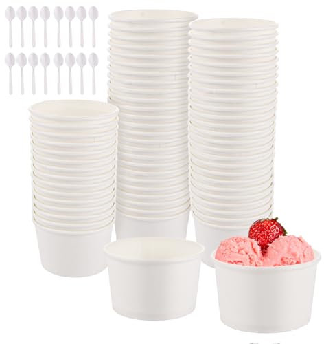 VIDETOL 100 Stück Eisbecher Pappe, 280 ML Pappbecher mit Löffel, Dessertbecher Speisebecher， Weiß Eisschalen für Eisbecher, Suppe, Snacks, Vorspeisen, Joghurt