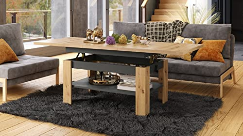 designimpex Design Couchtisch Tisch Rio stufenlos höhenverstellbar 55-67 cm ausziehbar 130-170cm mit Ablagefläche Esstisch, Farbe:Eiche Artisan - Anthrazit matt
