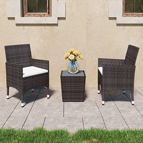 Juroupi 3-TLG. Bistro-Set Poly Rattan und Hartglas Braun Wetterfest Balkon Terrasse Bistro Garten Möbel Sitzgruppe Essgruppe Garnitur Set