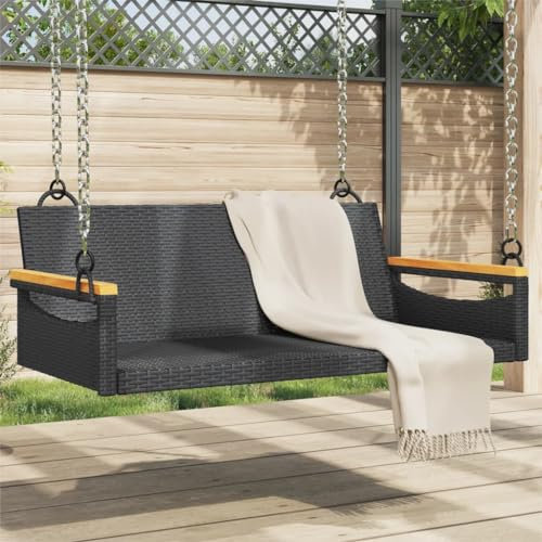 Gecheer Hängebank, Hängeschaukel mit Befestigungsringen, Schaukelbank 109x62x40 cm Gartenschaukel Gartenbank Schwarz Poly Rattan