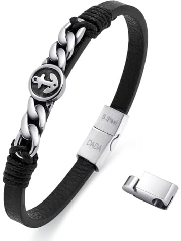 Dada Gioielli - Pulsera para Hombre en Acero y Cuero Auténtico con Ancla o Rosa de los Vientos, Cierre Magnético Ajustable (Timón)