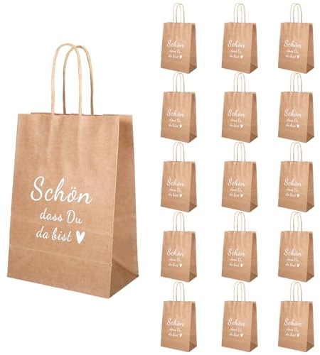 15 Stück Geschenktüten Papier, Kleine Papiertüten mit Henkel 21*15*8cm, Dankeschön Geschenke Klein, Mitgebsel Tüten Papier für Hochzeit, Gastgeschenke,Mitgebsel,Giveaways, Taufe,Konfirmation Kommunion