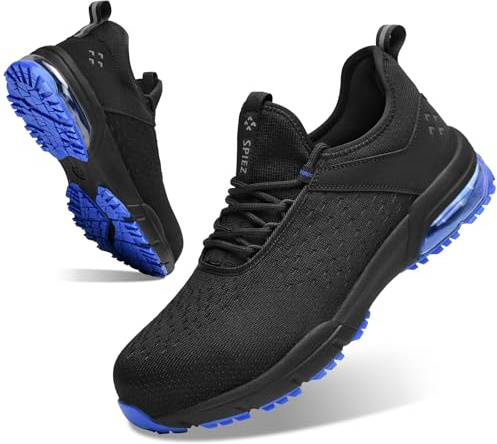 SPIEZ Safety Shoes for Men - Lightweight Composite Toe Work Shoes with Air Cushion, Slip On Work Trainers Breathable, Black Blue, UK8