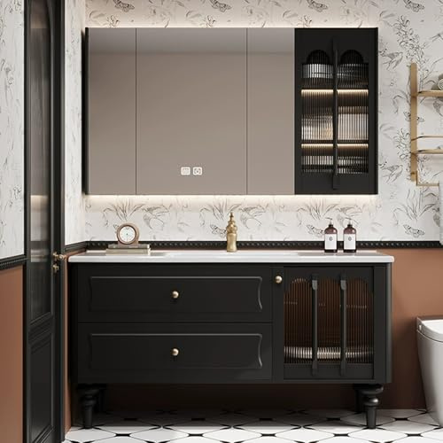 ARKCHIU Mueble De Baño con 2 Cajones, Incluye Lavabo Cerámico, Gabinete De Espejo, Conjunto De Mueble De BañoBlack,110cm/44in