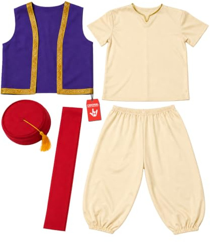 Morph Deguisement Prince Arabe Garcon, Costume Oriental Halloween Enfant | Haut, Pantalon, Gilet, Ceinture & Fez, Look Conte Oriental, À Enfiler, Parfait pour Halloween
