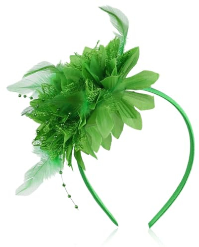 YAZWUR 1 Stück Green Feder Haarreif mit Künstlichen Blumen, 1920er Fascinator Kopfschmuck Accessoires für Damen, Haarreif Karneval für Cocktail Hochzeit Tee-Party Accessoires
