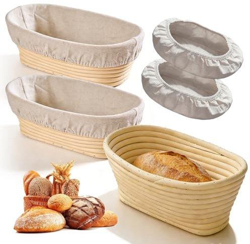 VEGOATY 2 Stück Gärkörbchen Oval mit 4 Stoffbezug: 25 cm Durchmesser Banneton Brotgärkörbe mit Abnehmbarer Stoffbezug, Gärkörbchen für Professionelle und Private Bäcker （25 x 15 x 8.5 cm）
