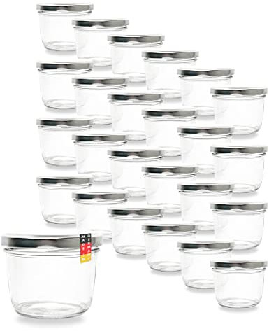 Flaschenbauer 24er Set Premium Sturzgläser 230ml - Vielseitige Marmeladengläser & Einmachgläser mit Wahlweise Farbigen Twist Off Deckeln - Ideal für Suppen, Dips, Tee, Kräuter - TO82/Silber