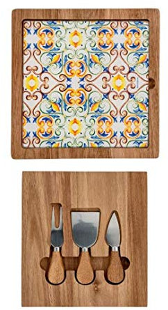 BRANDANI - Coffret Medicea planche à découper fromages Acacia / Verre avec couteau