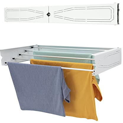 HomeArt Wäscheständer zur Wandmontage, 95 cm, einziehbarer Wäscheständer, zusammenklappbar, für drinnen und draußen, kompaktes gemustertes Design, 25 kg Kapazität, Weiß