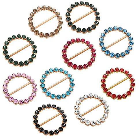 10PCS Metal T-Shirt Clips, RhinestonesSilk Scarf Ring Clip T-Shirt Tie Clips, Clothes Corner Knotted Button, Metal Round Circle Clip Buckle Clothing Ring Wrap Holder for Women Girls