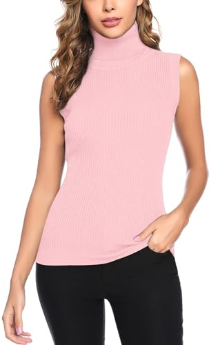 Gyabnw Damtröja väst stickade ärmlösa tröjor dam polokrage väst elegant pullover tröja mjukt linne för höst vinter, Stickad rosa, XXL
