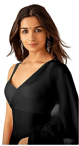 Sidhidata Damen Plain Pure Georgette Sari mit ungenähtem Blusenstück (Rocky Aur Rani Ki Prem Kahani Alia Bhatt Saree), Schwarz, Einheitsgröße