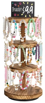 Pinzoveco Bracelet Holder, 3 Tier Wooden Rotating Bracelet Display Stand, Tree Stand Vendor Booth Display with Adversitsing Board, 36 Hooks for Bracelet, KeyChain Display Stands for Selling, Brown (Patent Pending)