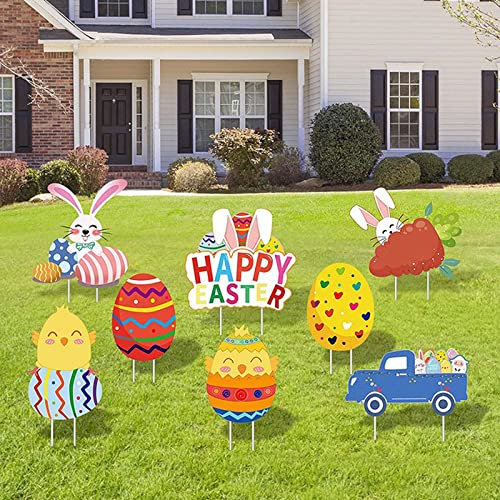 8PCS Osterdeko Frühlingsdeko Ostern Ostereier Stecker Gartendeko Ostern Kaninchen Statue Ornament Frühling Ostern Deko Hasen zum Stecken Garten Dekoration Ostern Gartenstecker (yellow red, One Size)