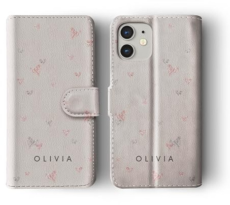 Tirita Personalised Wallet Flip Phone Case Compatible with iPhone 14, with card pockets, Rose Gold Silver Sequin Hearts
