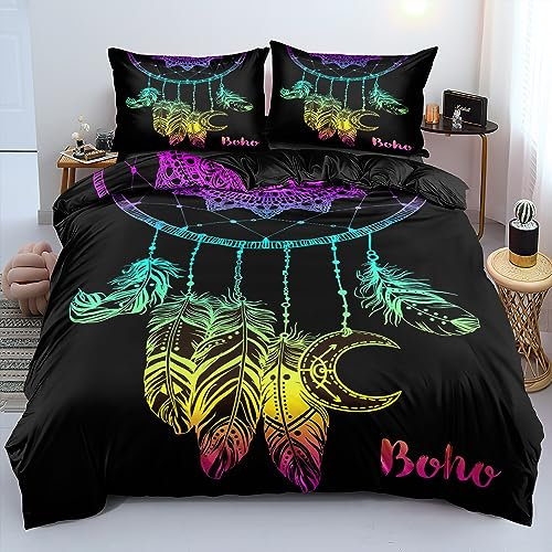 YUTNSAN Bettwäsche Traumfänger Bunt Feder Muster 135x200cm Schwarz Mädchenbettwäsche Kinderbettwäsche Set Weich Mikrofaser Exotisch Boho Stil mit Kissenbezug 80x80cm