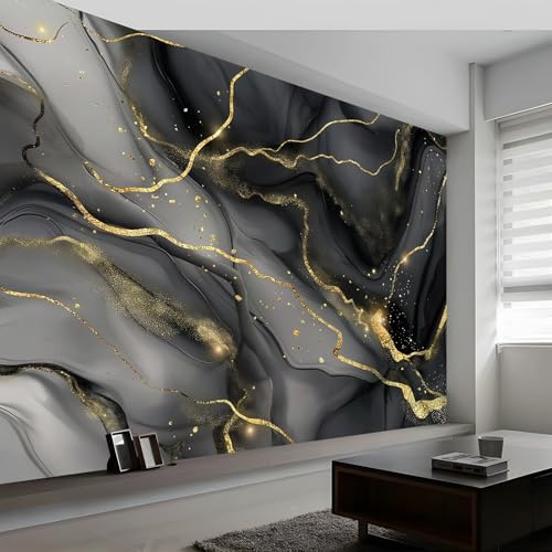 Wandtapete Marmor-Goldstreifen Fototapete, Grau Gold Vliestapete Bild Dekoration Wand-Dekor, 250 x 175 cm (W x H) Tapete Panorama Poster Für Mädchen, Jungs Schlafzimmer Wohnzimmer