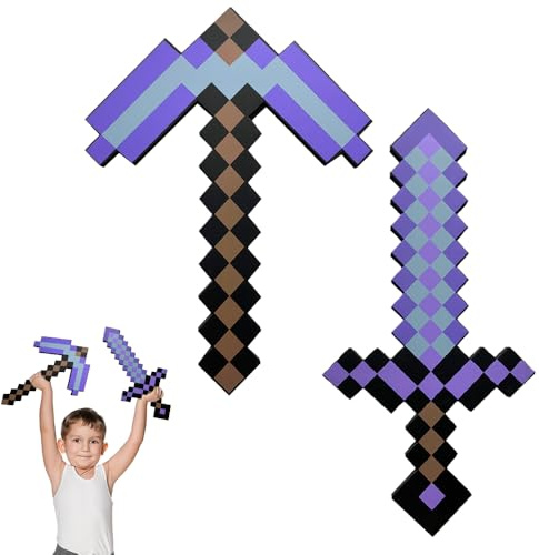 Dhqkqg Pickaxe and Sword Toys, 2 Pack Foam Sword and Pickaxe, Kids Role-Play Battle Accessory, Foam Weapon Toy Gifts for Video Game Fans Kids Children's Day Halloween Christmas Purple