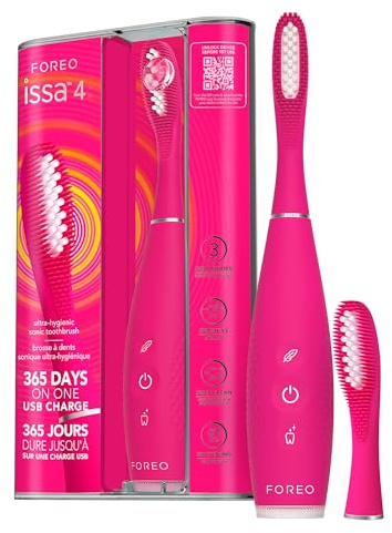 FOREO ISSA 4 cepillo de dientes eléctrico sónico recargable 4 en 1 con USB, cabezal extra, silicona suave, blanqueador dental, impermeable, ideal para viaje, limpieza profunda - Fuchsia