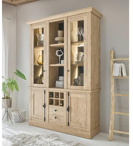 Lomadox Esszimmer Buffetschrank Vitrinenschrank 147 cm breit mit Beleuchtung, Eiche mit schwarz, mit 2 Glastüren, 2 Holztüren, 3 offenen Fächern, 2 Schubladen und 6 Flaschenfächern, Landhausstil