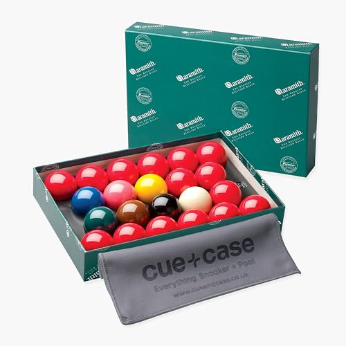 Aramith Premier Snooker Balls Set – 2 1/16 (52.5mm) – Full Set of 22 Balls with 15 Reds – Snooker Ball Set for 12ft Tables – Phenolic Resin – Includes Cue + Case Microfibre Cleaning Towel