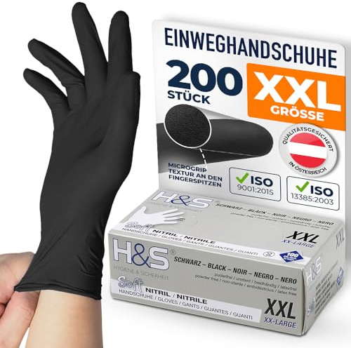 ISC Hygiene & Safety Einweghandschuhe Nitril – Schwarz, XXL, 200 Stück | latexfrei, Handschuhe Einweg, Einmalhandschuhe, Nitrilhandschuhe, Gummihandschuhe, puderfrei