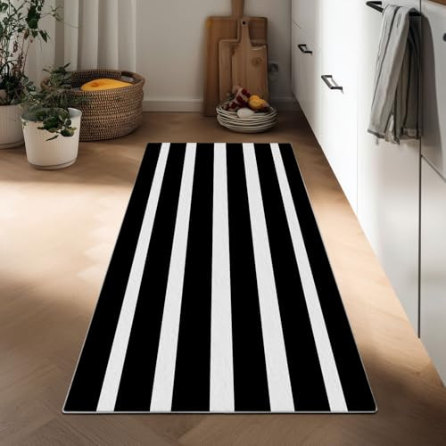 Generisch Teppich Läufer Flur rutschfest 60 x 180 cm, Waschbarer Teppich Bettvorleger Schlafzimmer Schwarz-Weiße Horizontale Streifen Küchenläufer Minimalisme für Eingang Küche Wohnzimmer