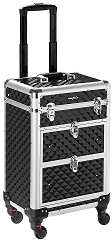 Bonnlo Aluminum Rolling Makeup Train Case, Portable Makeup Organizer Suitcase, Cosmetic Storage Box, Travel Beauty Luggage Trolley Lockable w/4 Removable Wheels & 2 Sliding Drawers -Black