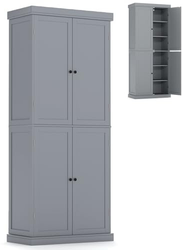 COSTWAY 184cm Tall Kitchen Cupboard, 6 Tiers Buffet Pantry Storage Cabinet with 4 Doors, Adjustable Shelves & Anti-tipping Device, Freestanding Sideboard Organizer for Dining Room (4 Doors, Grey)