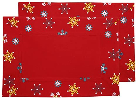 HOMESCAPES 2er-Set Weihnachts-Tischsets rot mit Schneeflocken 30x45 cm, Baumwoll-Platzsets Weihnachten, Festliche Stoff-Platzdeckchen waschbar